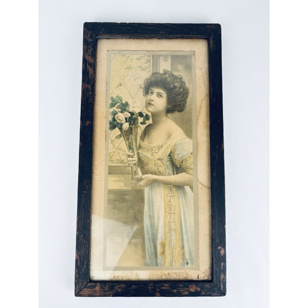 Antique 1910s Vertical Panoramic Print Lady with Flower Vase Wood Frame